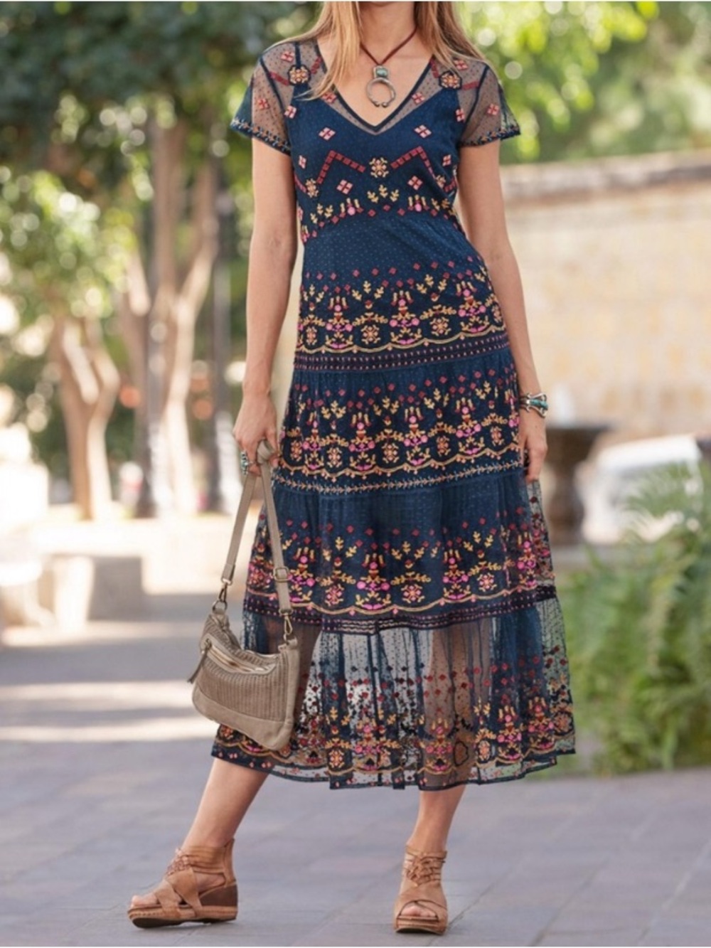 Sundance New Moon Mesh Embroidered Onyx Floral Dress Sz XL
